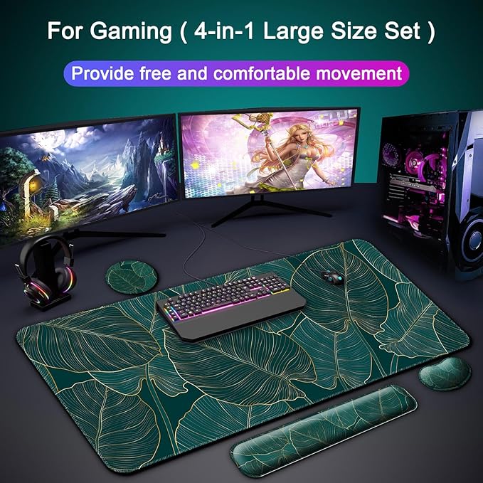 Keyboard Wrist Rest + Mouse Pad with Wrist Support + Desk Mat + Coaster 4 in 1 Set, XXL Large Gaming Mousepad Cute Ergonomic Mouse Pads for Desk Computer Laptop Office Decor-Green Leaves