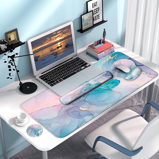 Desk Mat Set + Keyboard and Mouse Pad with Wrist Rest Support,4-in-1 Large Mousepad Computer Mats for Desktop Home & Office-Golden Blue Marble