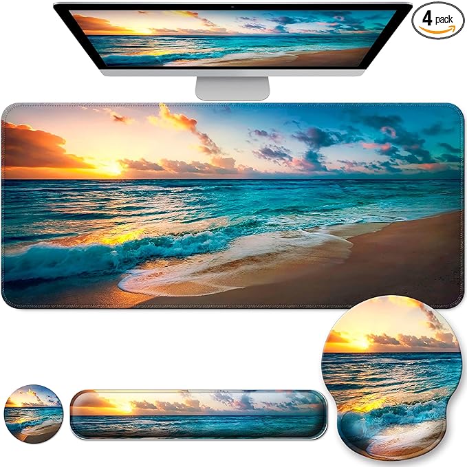 Desk Mat Set + Keyboard and Mouse Pad with Wrist Rest Support,4-in-1 Large Mousepad Computer Mats for Desktop Home & Office-Sunset Sea