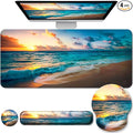 Desk Mat Set + Keyboard and Mouse Pad with Wrist Rest Support,4-in-1 Large Mousepad Computer Mats for Desktop Home & Office-Sunset Sea