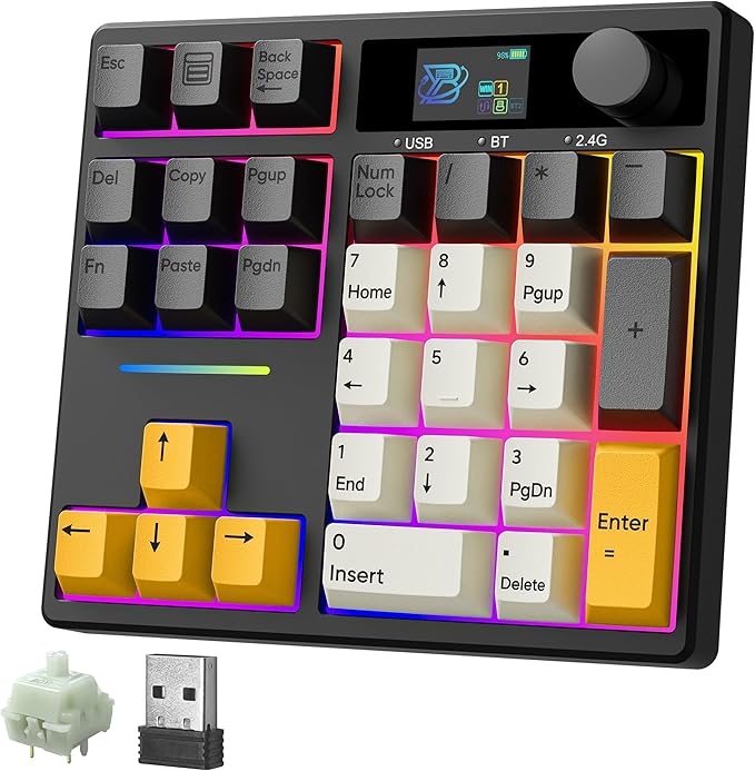 BOYI TD31Pro Mechanical Numpad,Mini Keyboard with Screen&Knob,Bluetooth5.0/2.4G/Type-C Wireless Numeric Keypad,Gasket HotSwap RGB Number Pad,PBT Keycaps Rechargeable Number keypad for PC(Black-Grey)