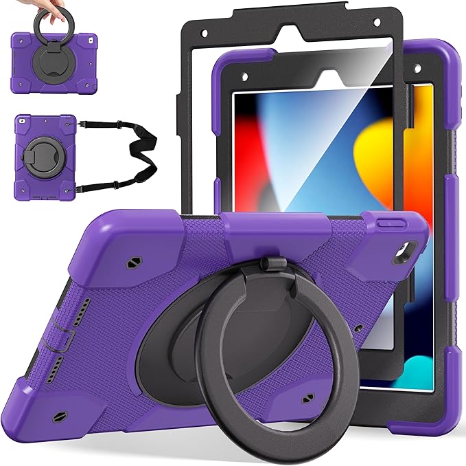Andnary Case for iPad 9th/8th/7th Generation 10.2 inch, Shockproof Cover with Screen Protector/360° Rotate Stand/Pencil Holder/Shoulder Strap, Kids Case for iPad 2021/2020/2019 (Deep Purple+Black)