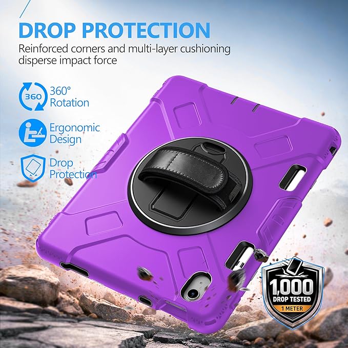 Case for iPad (A16) 11th/10th Generation Case: Protective Cover for iPad 11th Gen 11 Inch 2025 &10th Gen 10.9" 2022 with Screen Protector- Stand- Shoulder Strap- Handle- Pencil Holder-Black+Purple