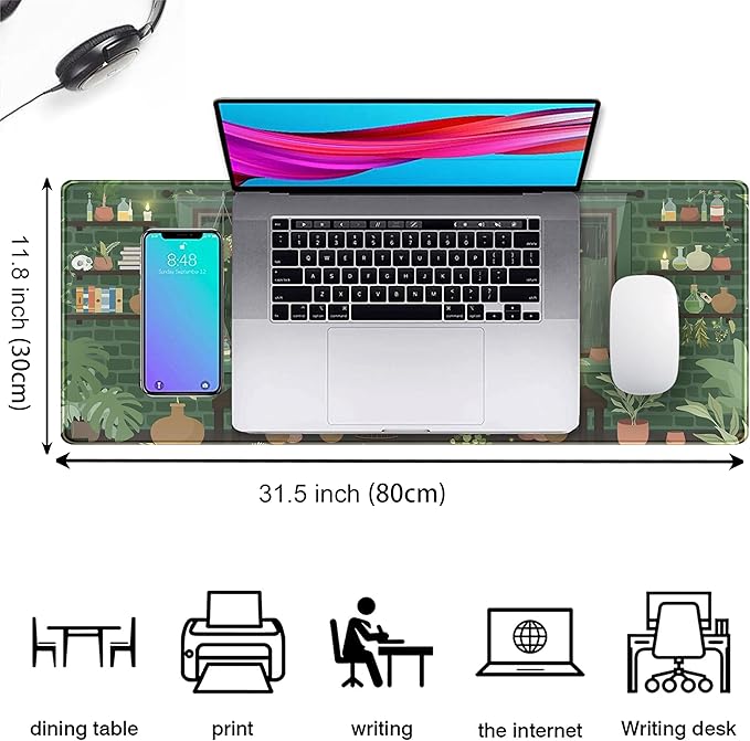 Kawaii Rainy Night Desk Mat Green Plants Gaming Mouse Pad XL, Aesthetic Anime Black Cat Desk Pad Laptop Computer Keyboard Mouse Mat, Desktop Decor Accessories for Girl Women Office 31.5"x11.8"