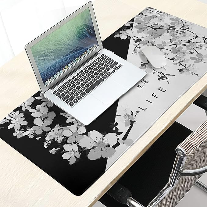 Black White Japanese Mouse Pad 35.4 X 15.7 Inch XXL Cherry Blossom Death Life Full Desk Mousepad Extended Large Non-Slip Rubber Base Big Keyboard Mat with Stitched Edges for Gaming and Office