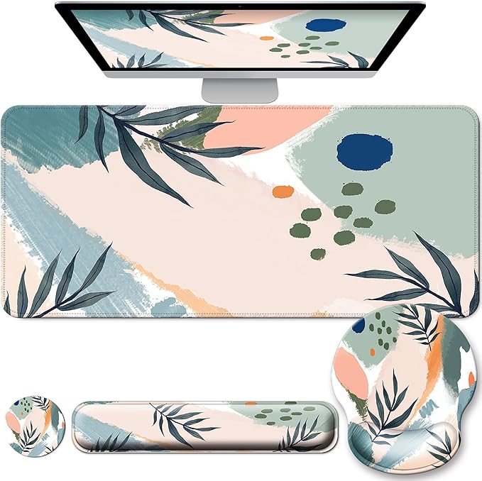 Desk Mat Set + Keyboard and Mouse Pad with Wrist Rest Support,4-in-1 Large Mousepad Computer Mats for Desktop Home & Office-Leaves 2