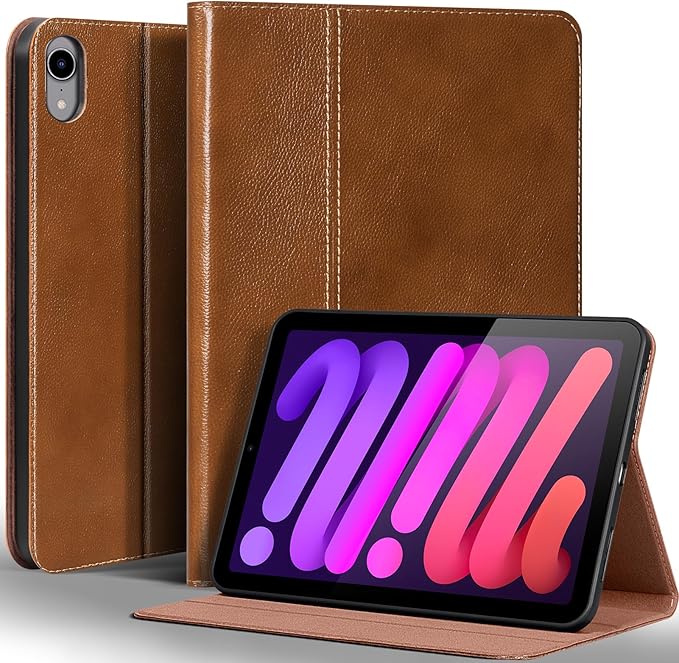 Gexmil Leather Case for iPad mini 7 (A17 Pro) 2024 / iPad mini 6 Generation 2021 8.3 Inch,Premium Cowhide Cover with Adjustable Stand, Auto Wake/Sleep,Yellow Brown
