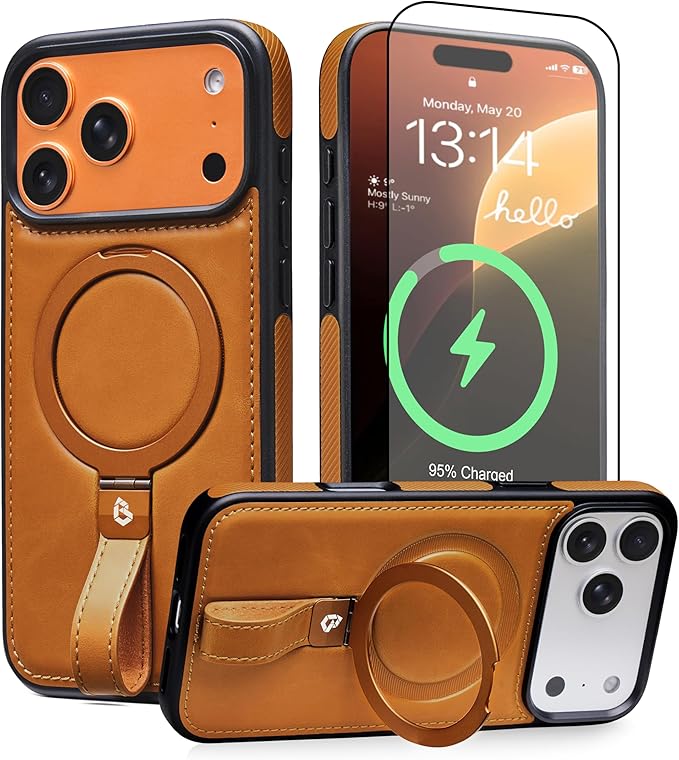 Butaiga for iPhone 17 Pro Max Leather Case with Stand, Anti-Slip Grip Ring, Fits for MagSafe (Brown, iPhone 17 Pro Max)