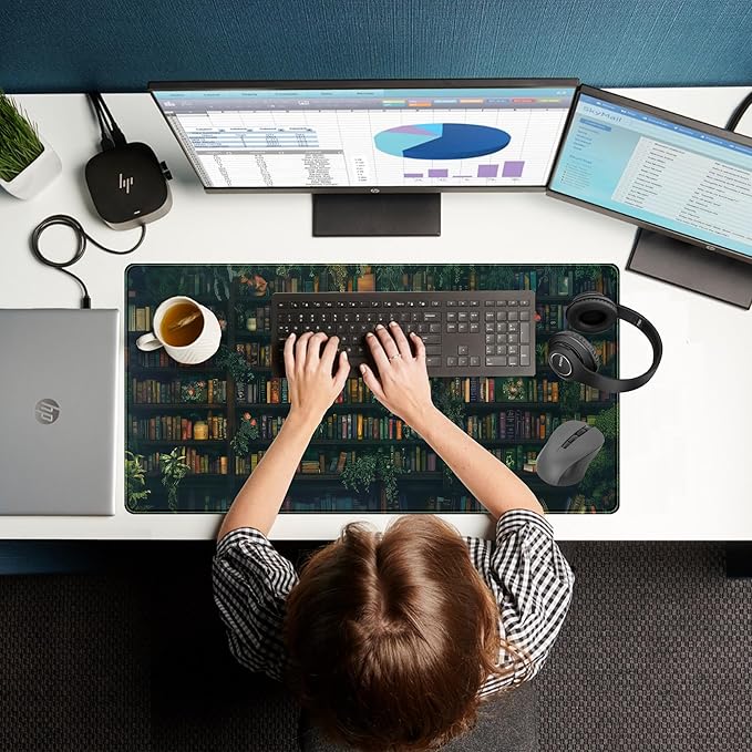Green Leaves Desk Pad Extended Mouse Mat, Plant Bookshelf Gaming Desk Mat, Large Laptop Keyboard Pad Full Desk Mouse Pad XXL, Giant Desktop Computer Pad, Home Office Decor Aesthetic 31.5" x 15.75"