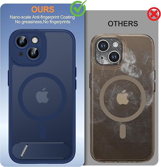 Magnetic Compatible with iPhone 15 Case, [Built-in Invisible Kickstand][Compatible with MagSafe][Full Camera Protection] Translucent Matte Phone Case for iPhone 15 6.1",Blue