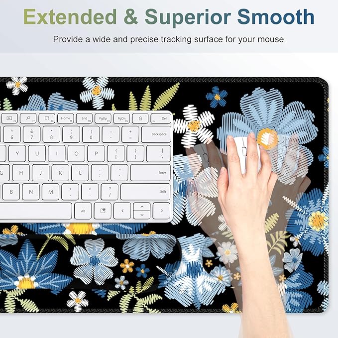 Large Gaming Mouse Pad Set, 4 in1 Ergonomics Keyboard Desk Mat with Memory Foam Wrist Rest, Computer PC Extended Game Mousepad, Non-Slip Desk Pad Matt Easy Typing Pain Relief I Forget-me-not