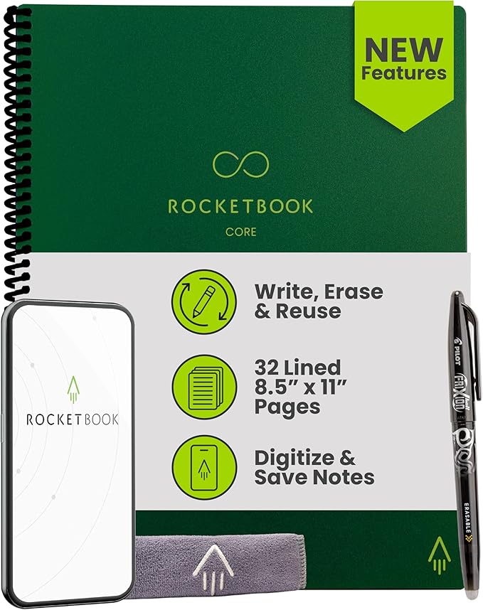 Rocketbook Core Reusable Smart Notebook, Lined Pages For School, Work and Creative Projects, Letter Size 8.5x11, Green - Premium