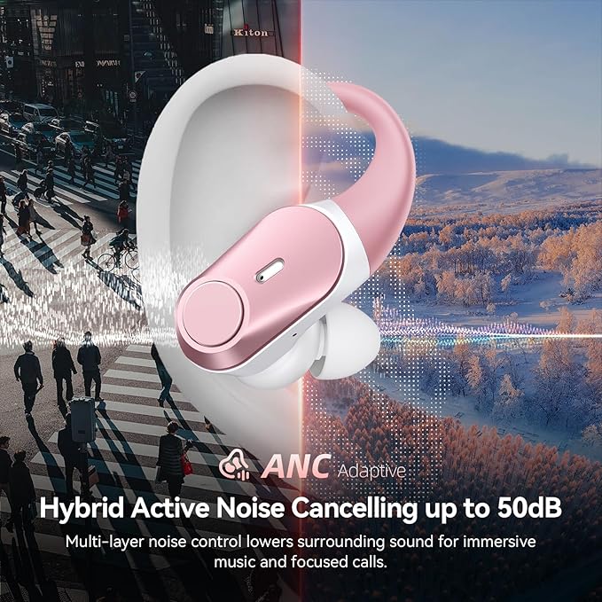 Active Noise Cancelling Wireless Earbuds Bluetooth Headphones 80H Playtime Ear Buds with Power Display Case Hi-Res Sound & Clear Calls Over Ear Hooks Earphones for Sports Running Gym Workout Rose Gold