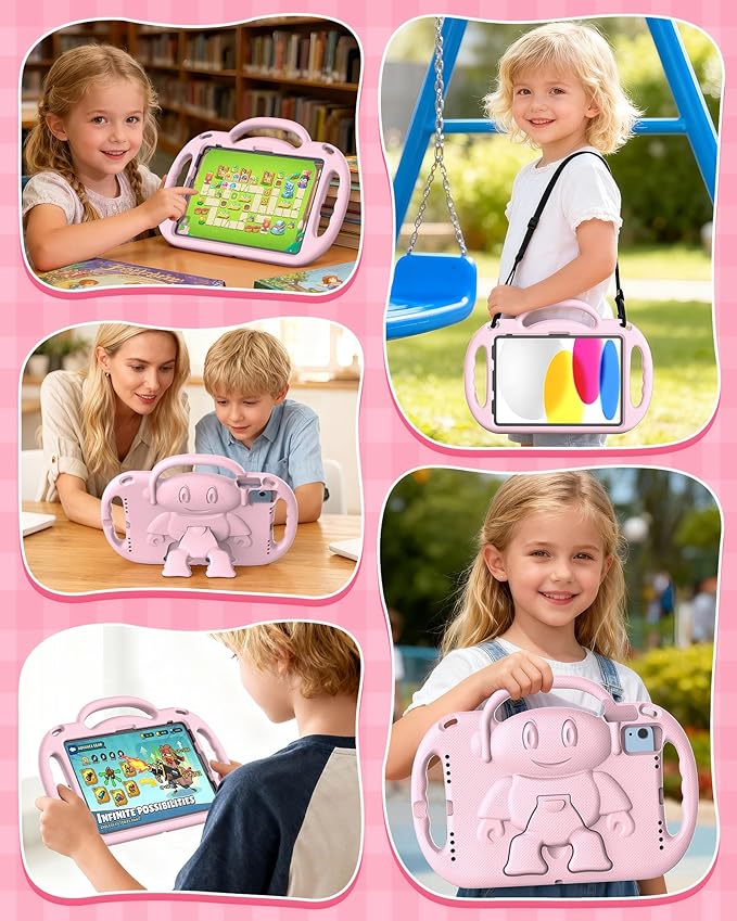 Kids Case for iPad A16 11" 2025 (11th Gen) & 10th Generation 10.9" 2022 & iPad Air 11" M3/M2 & Air 5th/4th Gen & Pro 11, Durable Shockproof Cover with Shoulder Strap Handle Stand, Light Pink