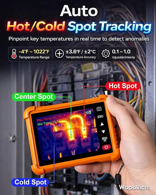 Compact Thermal Imaging Camera 256x192 IR Resolution, WapoRich Mini Thermal Imager with Visual Camera, -4°F to 1022°F, 25Hz – RQ-953A Infrared Cameras for HVAC, Home Inspection, Water/Air Leak