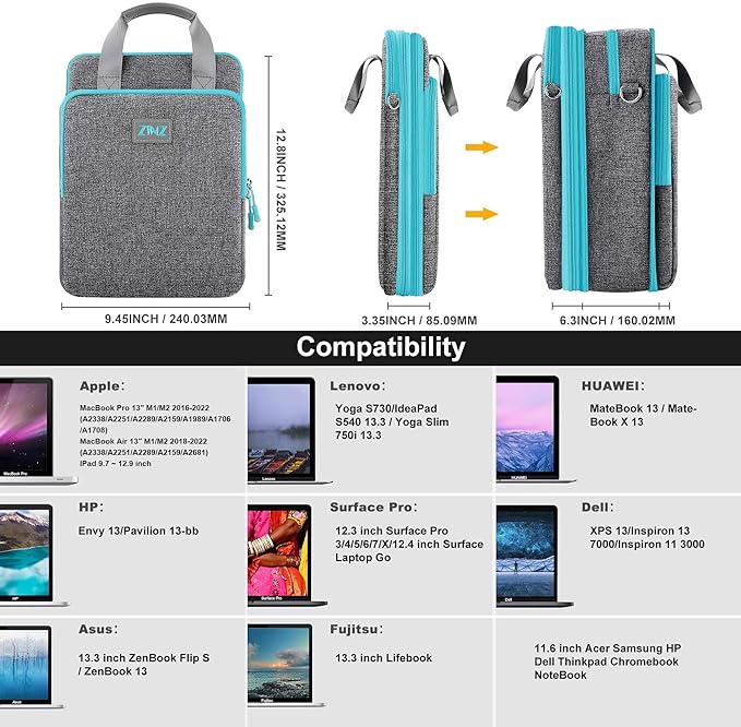ZINZ Laptop Shoulder Bag 12.3-13 inch Case Sleeve, Expandable Handbag with Valuables Compartment Compatible with MacBook Air/Pro/Neo 13", iPad 12.9"/13"/11", Shockproof,Gray-Blue edge