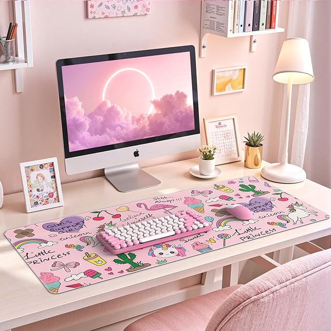 HAOCOO Kawaii Large Desk Mat for Girls, 35.4"x15.7" PU Leather Computer Pad, Waterproof Desk Protector Writing Pad, Cute Office Accessories for Women,Stitched Edges Keyboard Mat for Home