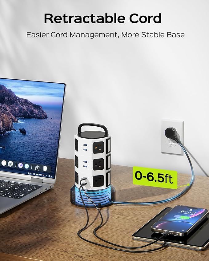 Power Strip Tower Surge Protector, JACKYLED 12 Outlets 6 USB (2 USB C) Charging Station, Extension Cord with Multiple Outlets, 1050J 1625W/13A Outlet Extender 6.5ft Extension Cord for Home Office