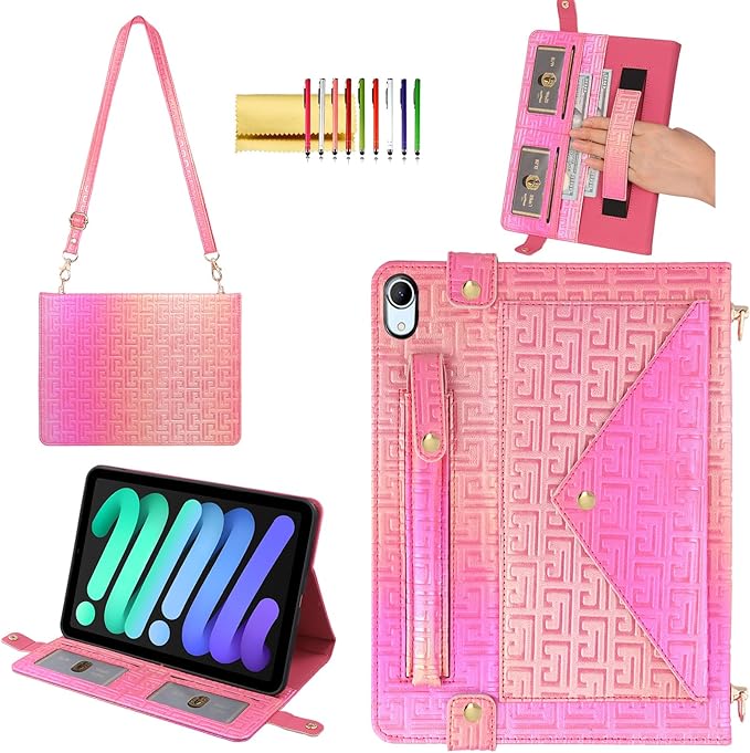 Shiny Case for iPad mini 7 2024/Mini 6th Gen Handbag Case, Techcircle Iridescent PU Leather Folio Envelope Pocket Stand Cover with Hand Strap+Shoulder Strap+Pencil Holder+Card Slots, Shiny Rose Pink
