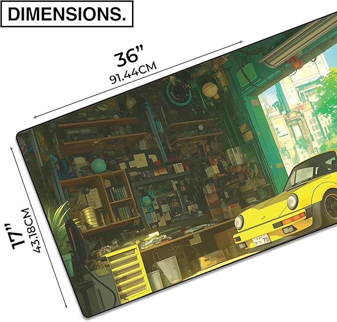 MPCO. Original Large Gaming Desk Mat – 36" x 17" Duraglyde Manga Motors Gramps-Garage Full Desk Mouse Pad for Smooth Precision – Non-Slip, Washable Extra-Large PC Mouse Pad for Gaming Sessions
