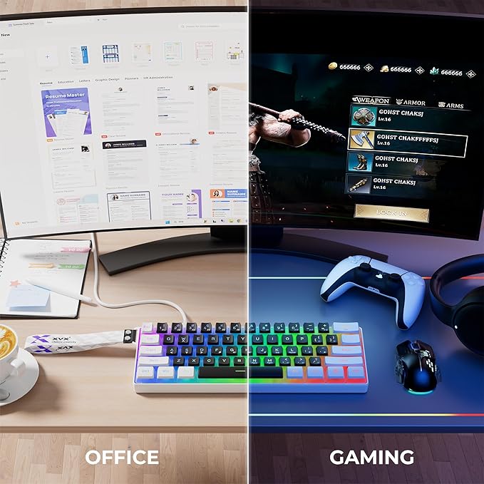 60% Gaming Keyboard,Wired Backlit Mini Membrane Keyboard, Strong Mechanical Feel for PC/Mac Gamer, Typist, Travel, Easy to Carry on Business Trip(61 Keys)-White