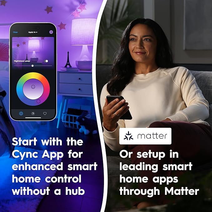 Cync Direct Connect A21 Smart LED Light Bulb, Color Changing Smart Lights, Matter Compatible, Compatible with Alexa and Google Home (4 Pack)