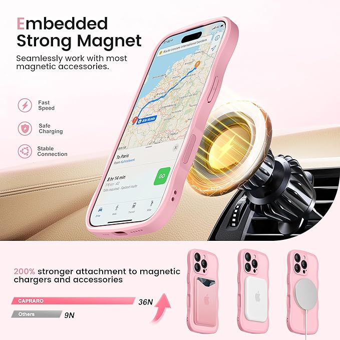 CAPRARO for iPhone 16 Pro Case with 360° Spin Magnetic Stand for Women, [Compatible with MagSafe] [Full Camera Protection] Cute Wave Translucent Matte Case for iPhone 16 Pro, Peach Pink