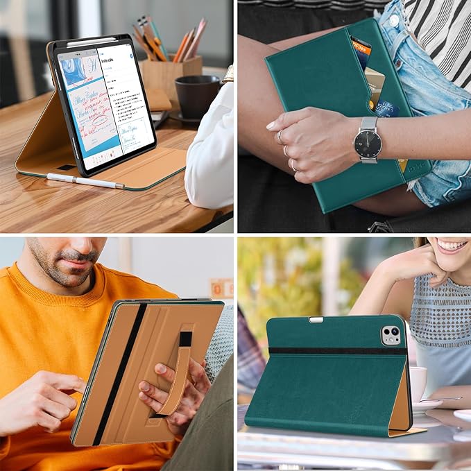DTTO for iPad Pro 13 inch Case (M5/M4) 2025/2024, Premium Leather Business Folio Stand Cover with Pencil Holder - Auto Wake/Sleep & Multiple Viewing Angles, Built in Hand Strap & Pocket, Green