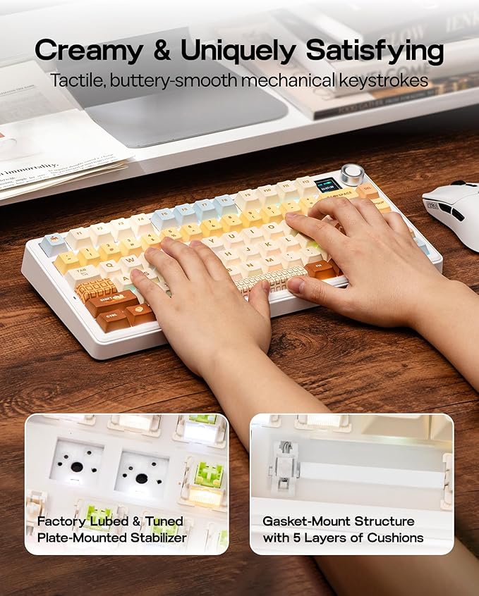 EPOMAKER X Aula F75 MAX Wireless Mechanical Keyboard with TFT Screen and Knob, Gasket Keyboard in 75% Layout, Hot Swappable Gaming Keyboard for PC/Mac/Linux (Caramel)