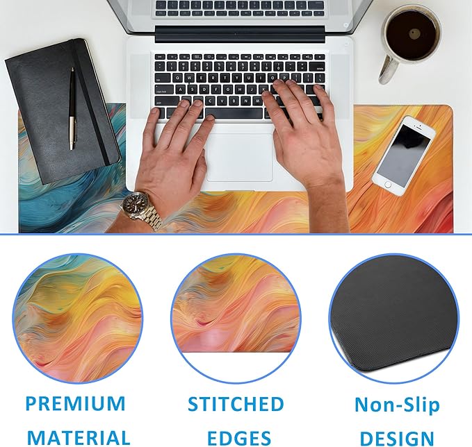 Abstract Marble Desk Mat, Large Gaming Mouse Pad, Non-Slip Rubber Base Pad with Stitched Edges for Home Decor - 35.4" x 15.7"