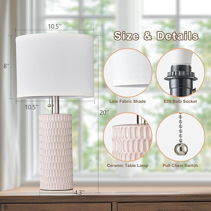 Reaketon Table Lamps for Living Room Set of 2, Ceramic Table Lamps for Bedroom, 20" Modern Lamps for Night Stands, Pink