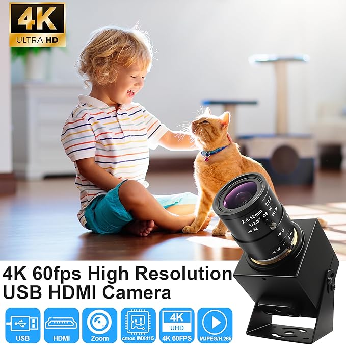 MMlove 4K USB HDMI Camera 8MP 60FPS High Speed Camera USB3.0 Simultaneous Output Webcam 2.8-12mm 4X Optical+2X Digital Zoom Golf Swing Webcam Close up Zoom in and Out for 3D Printer PC Laptop Pi