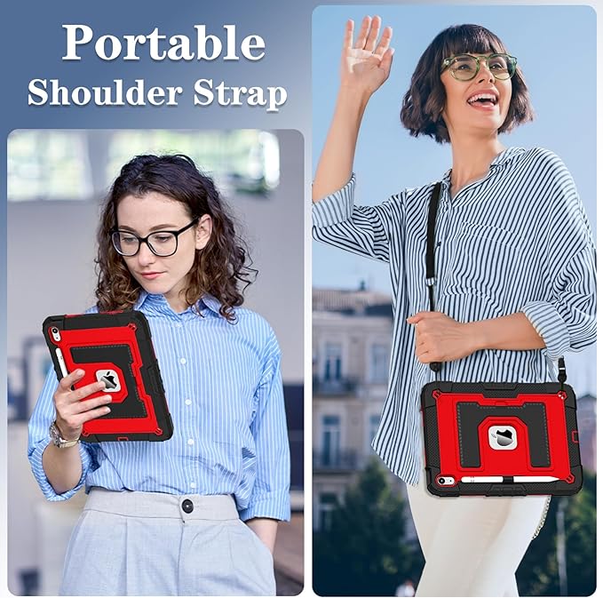 Kids Friendly Case for iPad A16 11th Generation 11 Inch 2025 / iPad 10th Generation 10.9" 2022 Case with Pencil Holder & Shoulder Strap, Hybrid iPad 11 10 Cover Rugged Shockproof Kickstand,Black+Red
