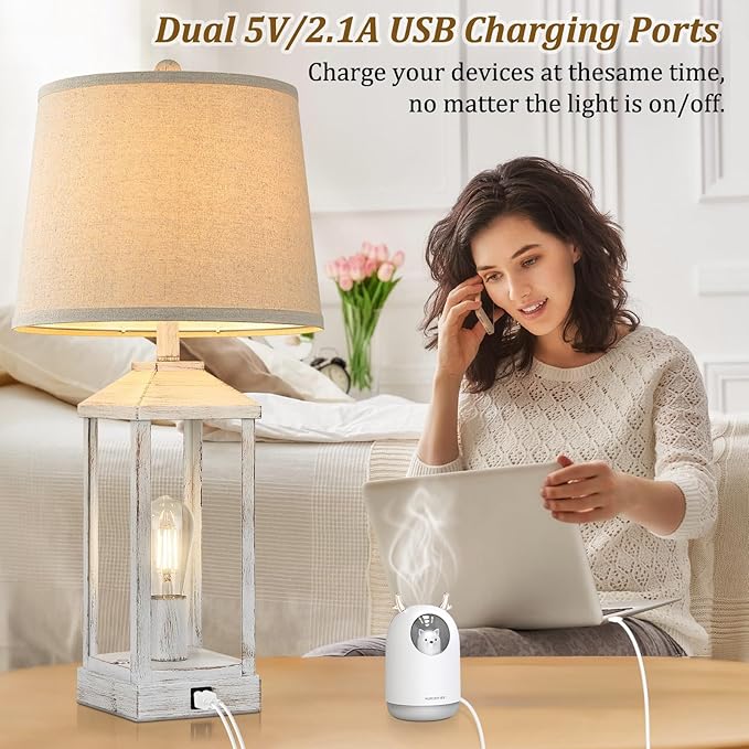 28" Farmhouse Table Lamps for Living Room Set of 2, 3-Way Dimmable Bedside Lamp with USB Ports, White Rustic Touch Control Nightstand Lamps for Bedroom, Modern Desk Lamp for Office, 4 Bulbs Included