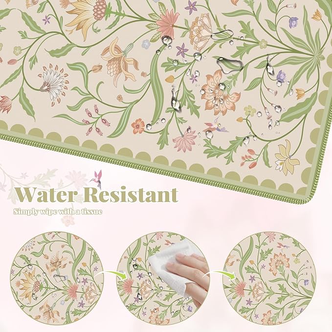 iLeadon Desk Matt for Desktop, Large Floral Stitched Edges Long Full Desk Mat for Laptop, Soft Mouse Pad for Keyboard, Green Desk Keyboard Mat for Office Home Beige/Green