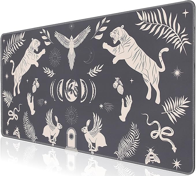 L-SPOUTTO Black Mystical Desk Mat for Keyboard and Mouse,Astrology XXL Gaming Mouse Pad,Large 35.4x15.7in Non-Slip Rubber Base Keyboard Pad Desktop Mat for Laptop Computer Work Home Office-Wild Animal