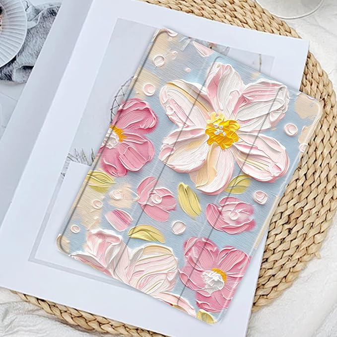 JOYLAND Texture Painting Flower Case for iPad Pro 11-inch (M4) 2024 5th Generation,Clear Acrylic Hard Back Case with Pencil Holder Trifold Stand Tablet Cover (Model Number:A2836/A2837/A3006)