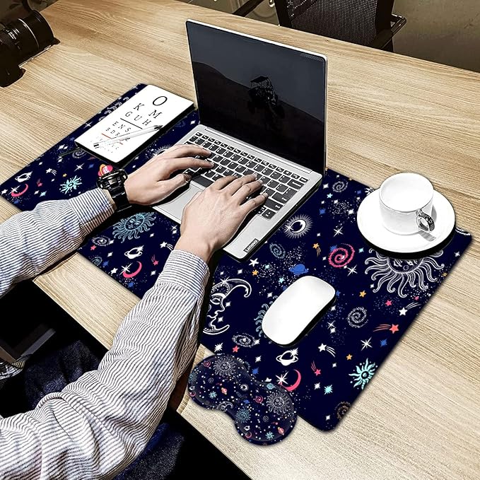 Large Gaming Mouse Pad, 31.5x11.8 in Extended Computer Mouse Mat with Non-Slip PU Base, Ergonomic Memory Foam Keyboard Wrist Rest for Working, Cute Anime Solar System Galaxy Black Office Desk Pad