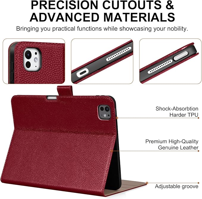 Genuine Leather Case for iPad Pro 11 inch Case (M5) 2025 / (M4) 2024 | with Pencil Holder and Adjustable Stand, Magnetic Closure, Auto Wake/Sleep Cover | Wine Red