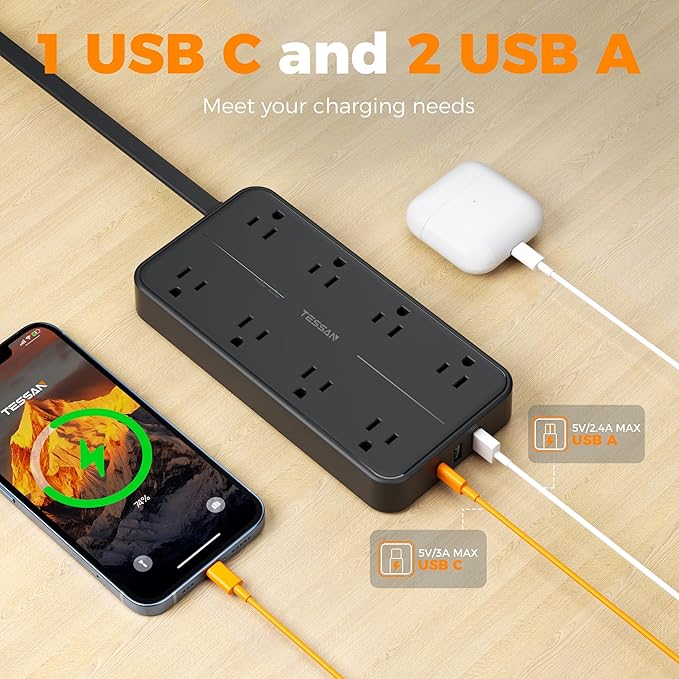 TESSAN Power Strip Surge Protector, 5FT Flat Plug Extension Cord with 8 Outlets 3 USB Charger(1 USB C), 2000 Joules Protection, Wall Mountable Charging Station for Home Office Dorm, Black