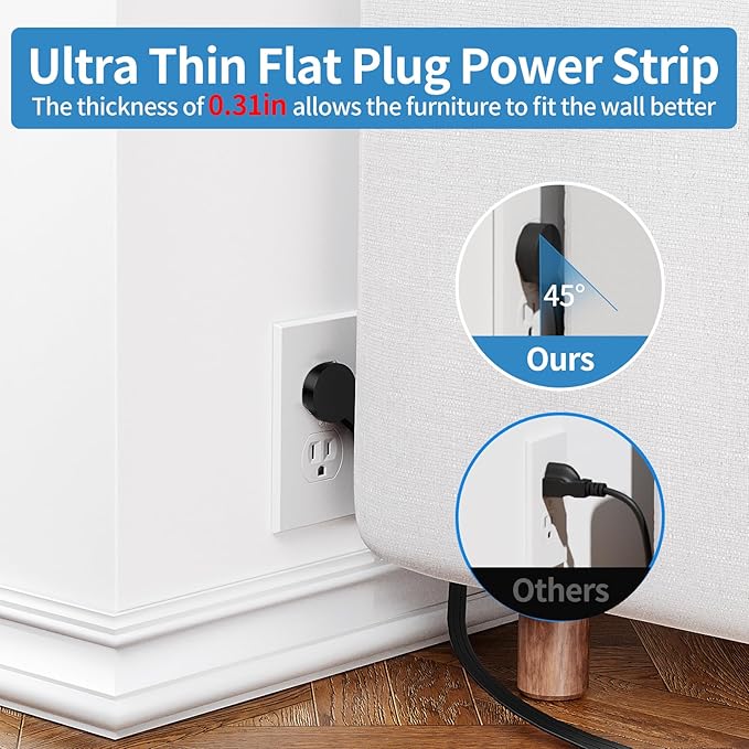 NTONPOWER Flat Extension Cord - 15 ft, Power Strip with 3 Outlets & 4 USB Ports, Ultra Thin Flat Plug, Wall Mount for Home Office & Dorm Room