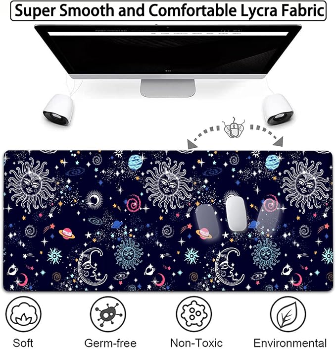 Large Gaming Mouse Pad, 31.5x11.8 in Extended Computer Mouse Mat with Non-Slip PU Base, Ergonomic Memory Foam Keyboard Wrist Rest for Working, Cute Anime Solar System Galaxy Black Office Desk Pad