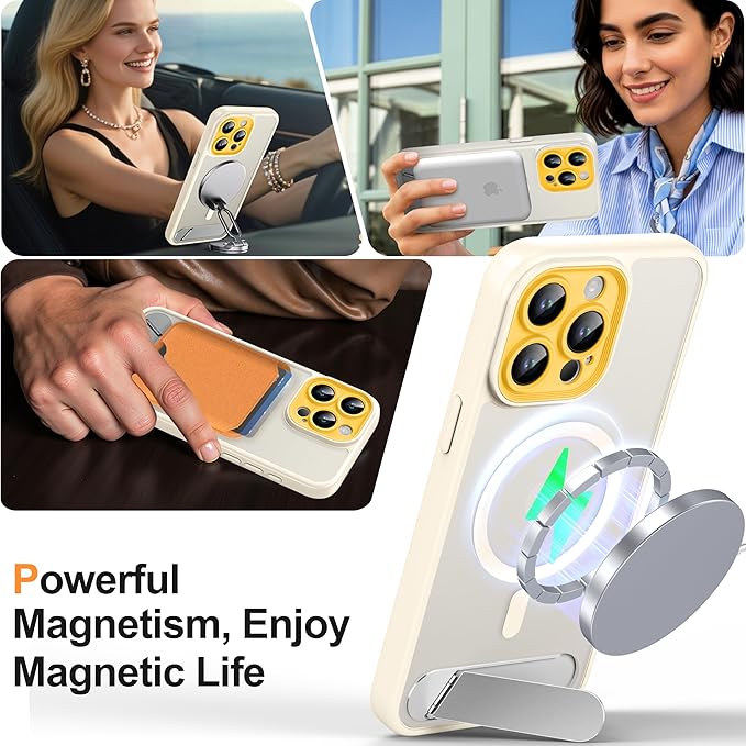 Magnetic Compatible with iPhone 15 Pro Max Case, [Built-in Kickstand][Full Camera Protection][Compatible with MagSafe][Anti-Fingerprint] Shockproof Phone Case for iPhone 15 Pro Max 6.7",Beige & Yellow