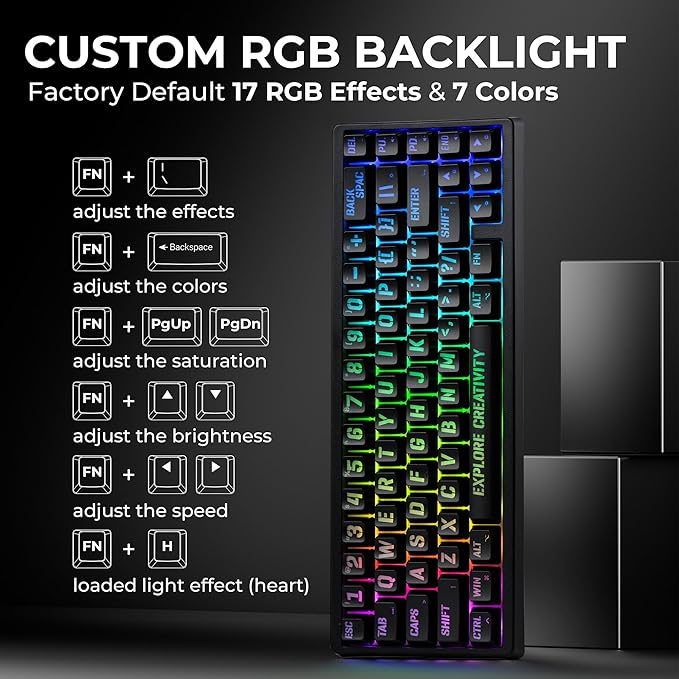 x XVX M67 Wireless 60% Percent Keyboard, QMK/VIA Topographic Gaming Keyboard, Tri-Mode Thocky Creamy Mechanical Key board, Hot Swappable Gasket Mount RGB IMD Tech for Win/Mac, Miami Theme, Black