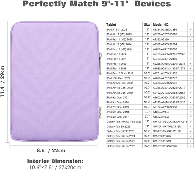 MoKo 9-11 Inch Tablet Sleeve Bag Carrying Case Fits New 11inch iPad Air M4, iPad A16 2025, iPad Pro 11 M4, Air 5/4/3, iPad 10/9/8th Gen, Tab S8/S9 11", Tablet Carrying Case, Lilac
