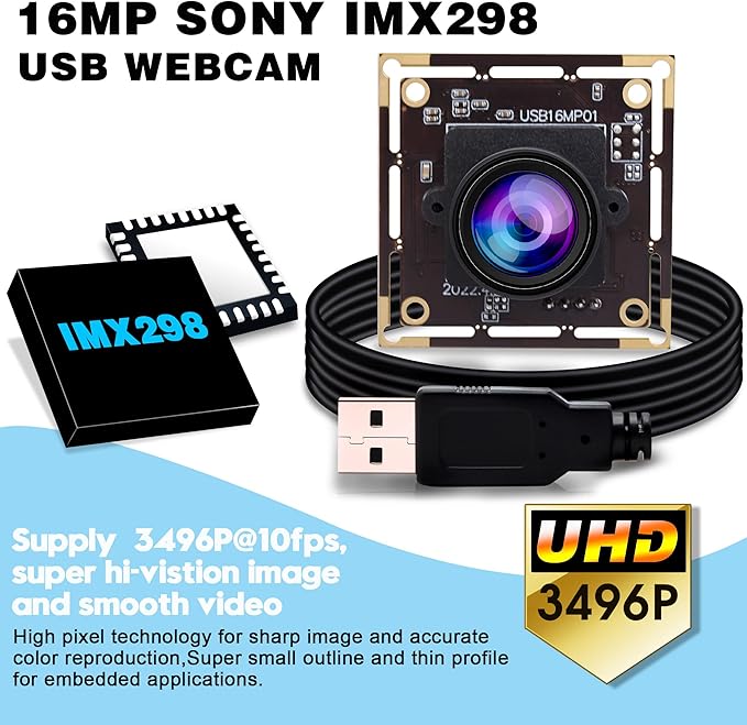 16MP 4K USB Camera with 170 Wide Angle Lens - 3496P Tiny Embedded Camera Board for Industrial, Machine, OpenCV, UVC, Video, Raspberry Pi, Jetson Nano