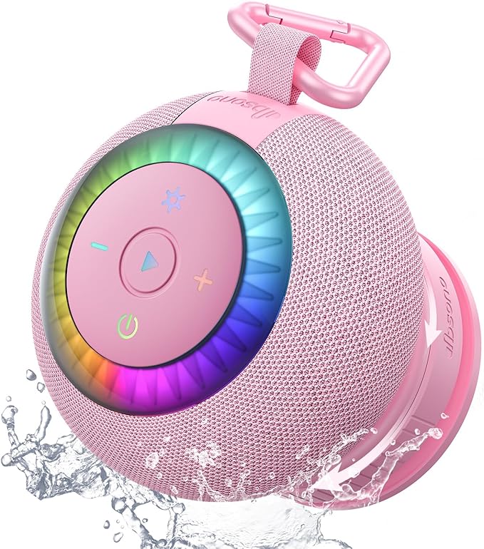 Shower Speaker Bluetooth Waterproof Portable: 360° Surround Sound, IPX7 Suction Cup Removable with Vacuum Exhaust Knob, RGB Lights, Beach/Pool/Camping/Kayak Essentials, Gifts for Mom Teens-Pink