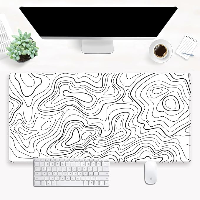 White and Black Topographic Abstract Art Desk Mat - Large XL Gaming Mouse Pad with Stitched Edges, Full Desk Keyboard & Mouse Pad for PC, Laptop, Office Decor (31.5"x15.7")