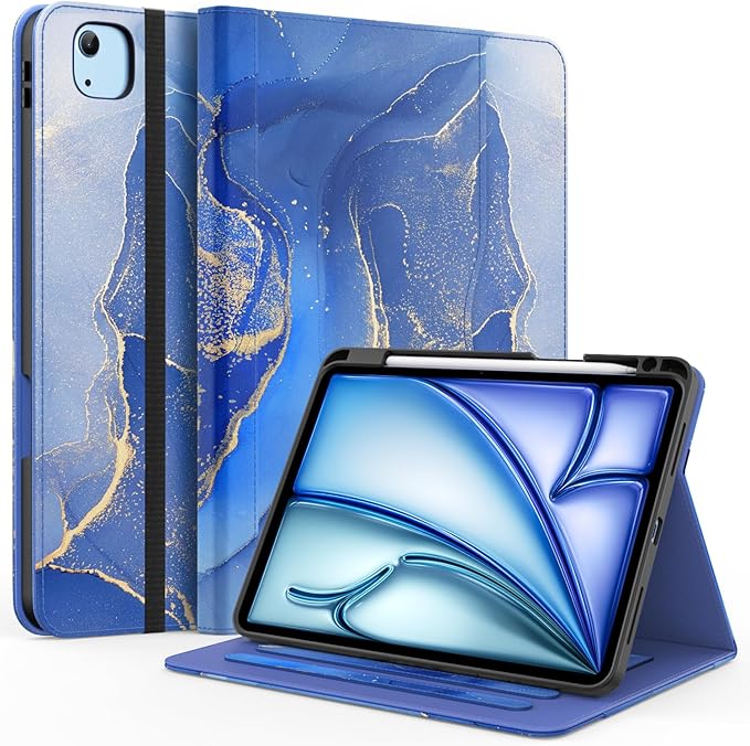 ZoneFoker Case for iPad Air 11-inch M3/M2 (2025/2024), iPad Air 5th/4th Generation 10.9'' (2022/2020), iPad Pro 11 (4th/3rd/2nd/1st Gen), Multi-Angle Stand Cover with Pencil Holder, Marble Gray Blue