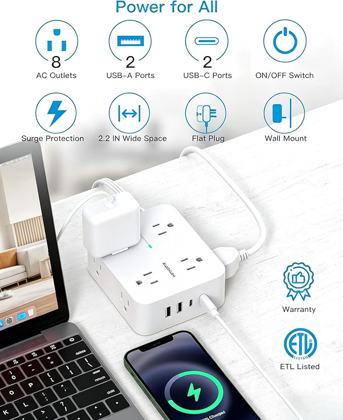 15 Ft Long Extension Cord with Ultra-Thin Flat Plug, 8 Widely Spaced Outlets & 4 USB Ports (2 USB C), 1080J Surge Protected Power Strip for Home Office, College Dorm Room Essentials, Wall Mount